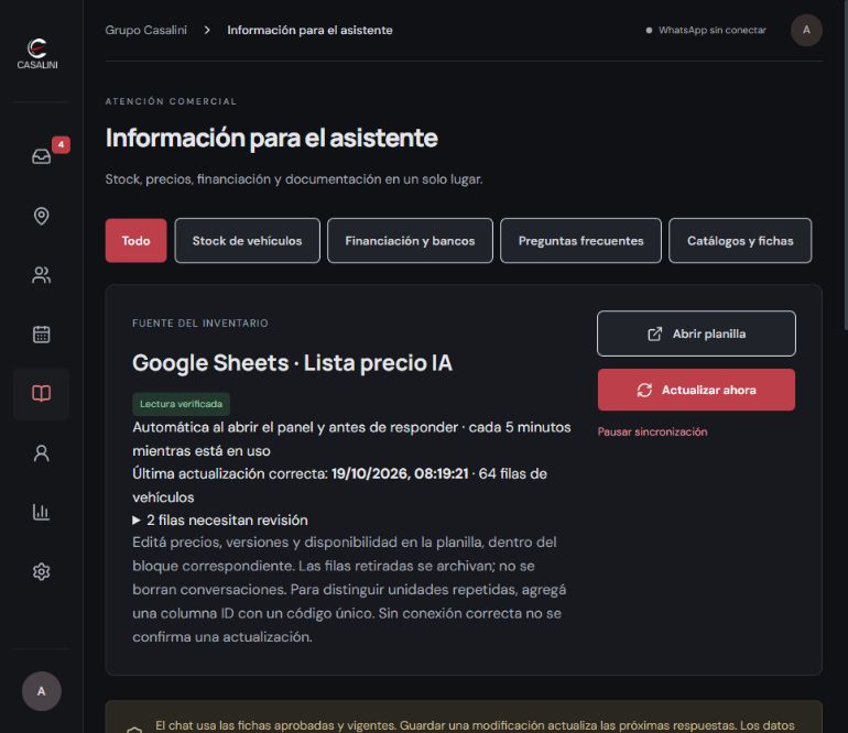 Vista general de las secciones del panel Casalini, sin conversaciones ni fichas de clientes
